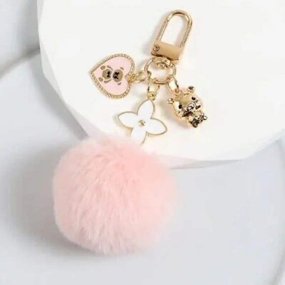 Cute Pink Pompom Puff Gold Keychain Bag Charm with Teddy Bear and Star Flower - Picture 1 of 5